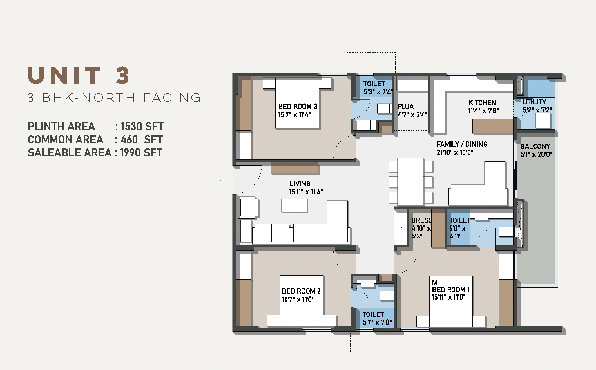 Configuration D 3 BHK North Facing floor plan