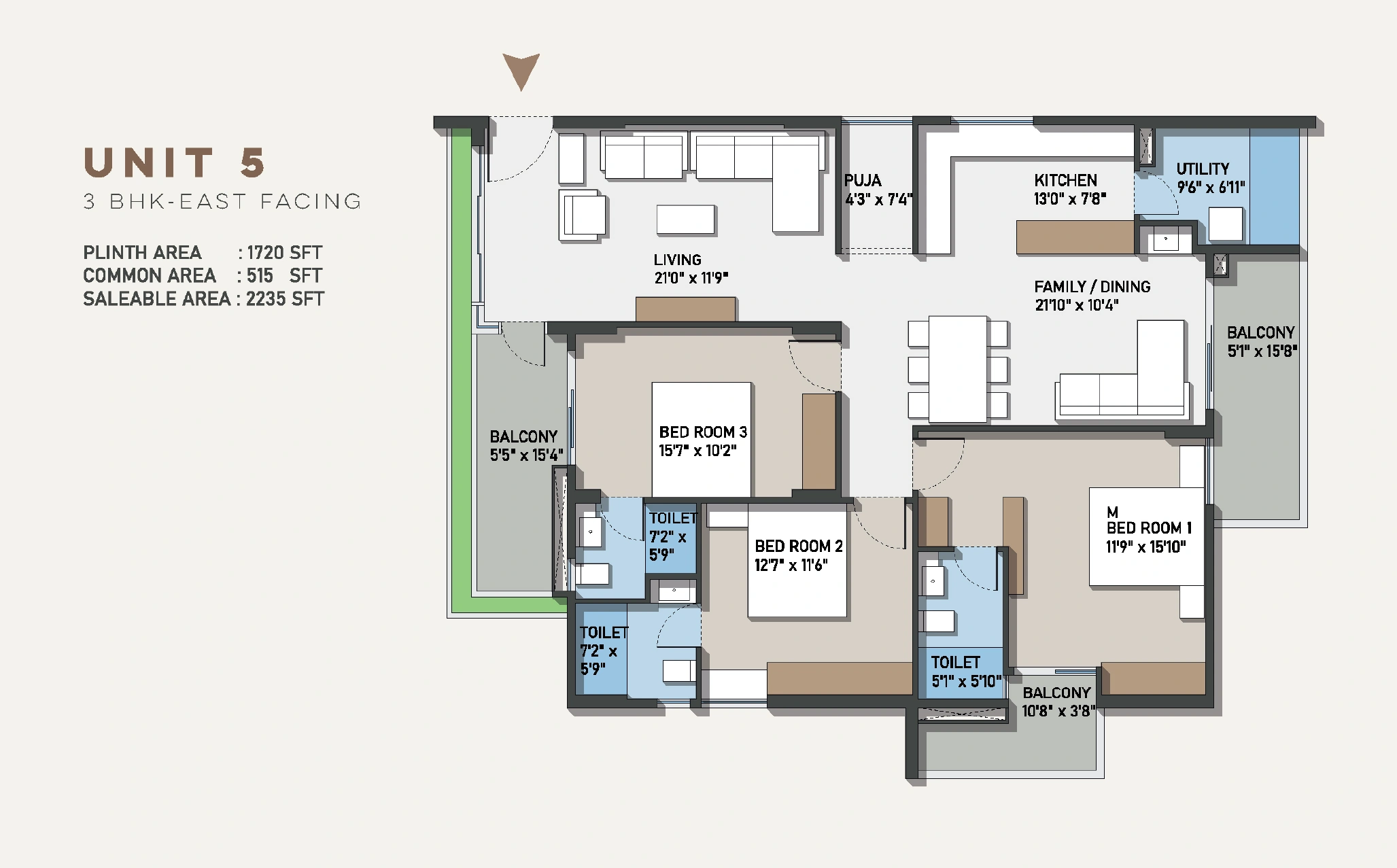 Configuration C 3 BHK East Facing floor plan
