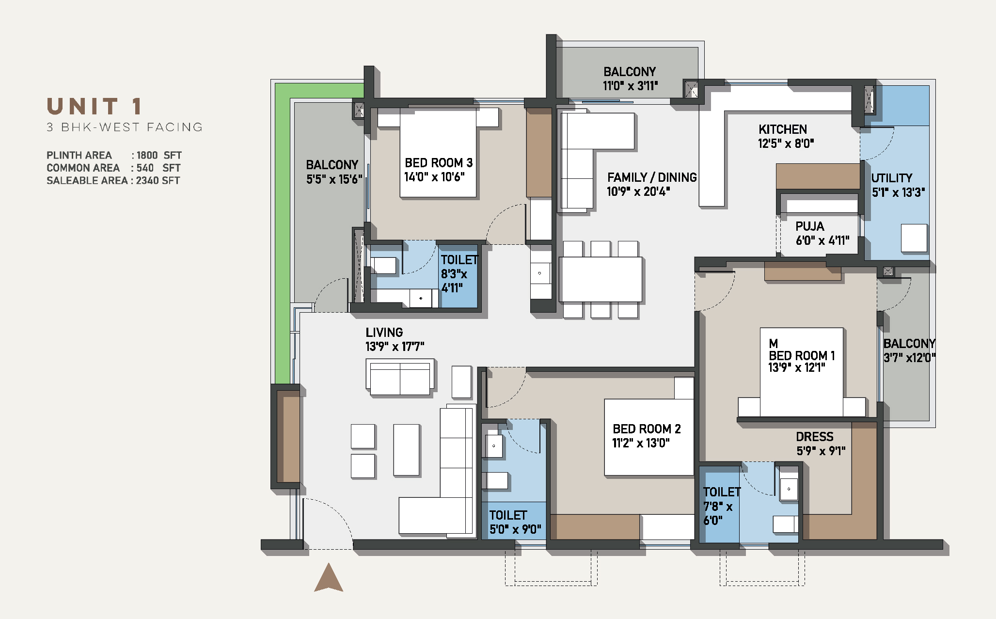 Configuration E 3 BHK West Facing floor plan
